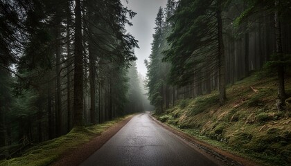Obraz premium loneliness asphalt road through fog rainy forest
