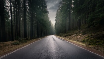Fototapeta premium loneliness asphalt road through fog rainy forest