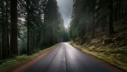 Fototapeta premium loneliness asphalt road through fog rainy forest