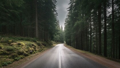 Fototapeta premium loneliness asphalt road through fog rainy forest