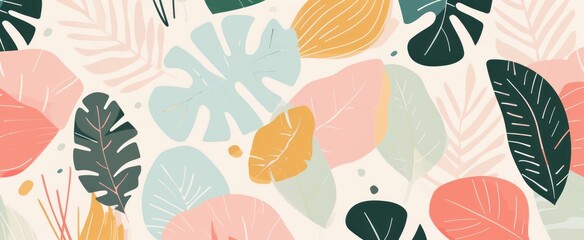 A flat illustration of a tropical pattern with abstract shapes and foliage