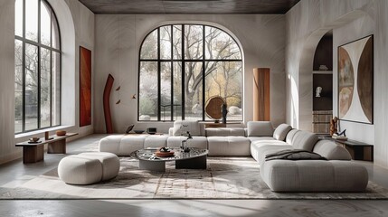 A Deconstructivism living room emphasizing asymmetry and unconventional forms