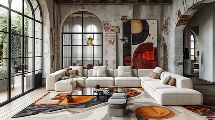 A Deconstructivism living room that celebrates irregularity and unconventional design