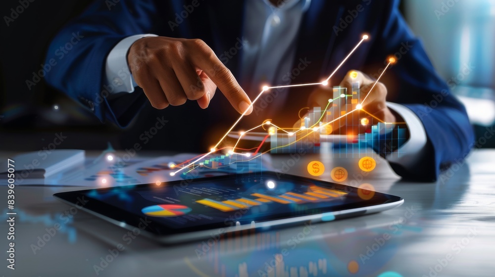 Poster a businessman analyzing financial graphs and charts on a tablet, making strategic decisions for weal