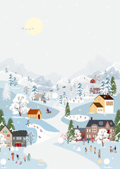 Christmas Background,Winter city landscape people celebration on street in town with snow falling on tree,Vector Cute banner Happy Family,Children having fun in village at night on New Year Eve 2025
