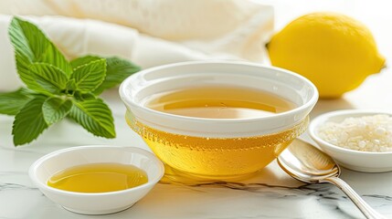 A bowl of fresh sardines on a marble kitchen counter with ingredients for making a simple lemon and salt preparation: olive oil in small white bowls, a spoon