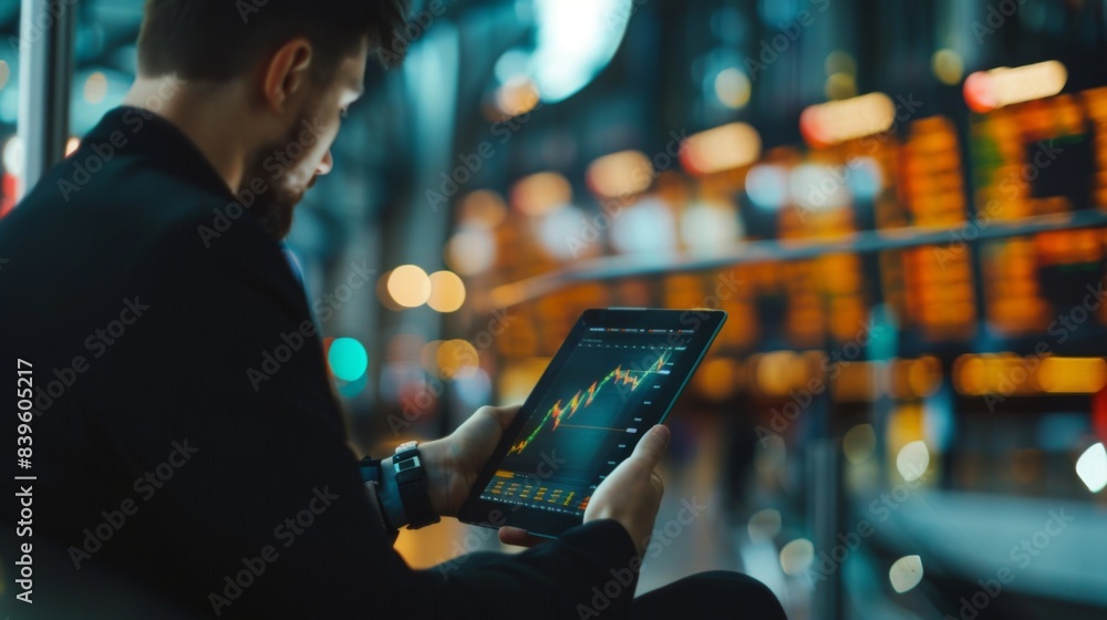 Fototapete a businessman analyzing stock market data on a digital tablet while commuting, maximizing time effic
