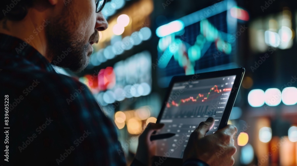Poster a businessman analyzing stock market data on a digital tablet while commuting, maximizing time effic