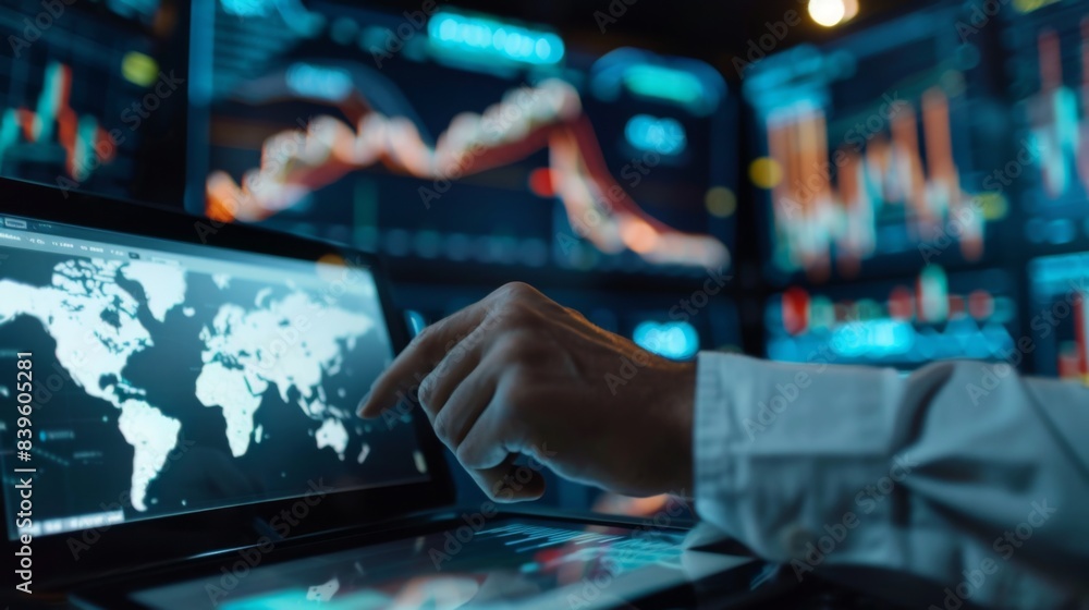 Aufkleber a businessman analyzing stock market data on a tablet, with a background of graphs and charts repres