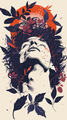 Vector hand drawn illustration of a man with closed eyes, surrounded by leaves