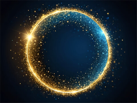Blue and golden ight circle with sparkles, vector magic glow 3d effect. Realistic blue and goldren shiny ring or swirl, round frame of flare trail with glitter dust, isolated on blue background