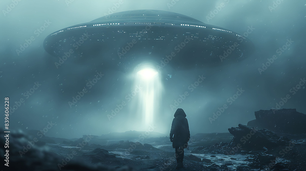 Poster alien abduction scene with a beam of light pulling a person into a hovering ufo the details are capt
