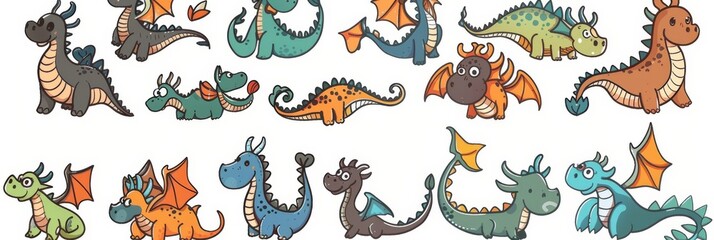 Funny dragons doodle set, cartoon dino, graphic dinosaurs isolated, monster animals