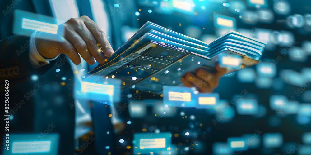 Poster businessmen holding databases to store files and document data digitally for document management sys