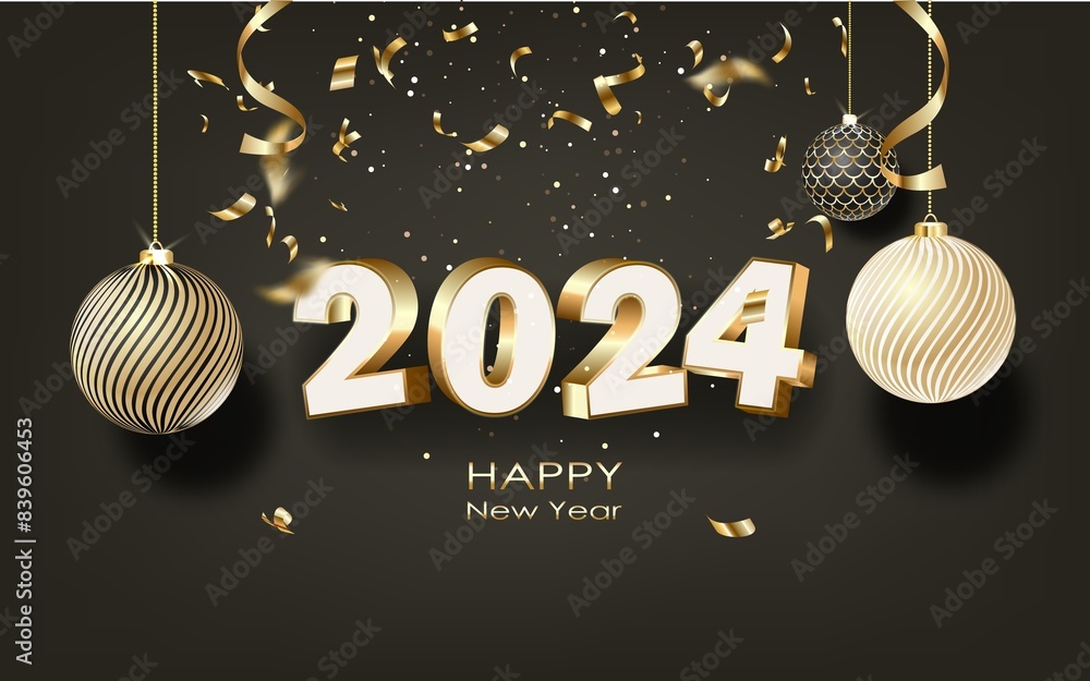 Wall mural new year 2024 celebrations gold greetings poster isolated over black background. - Wall murals