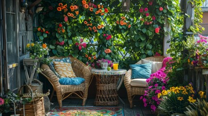 Obraz premium A colorful garden with a wooden porch and two wicker chairs