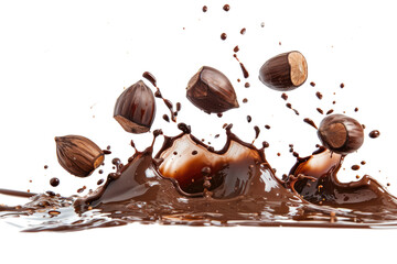 hazelnuts splashing into liquid chocolate isolated on white or transparent png
