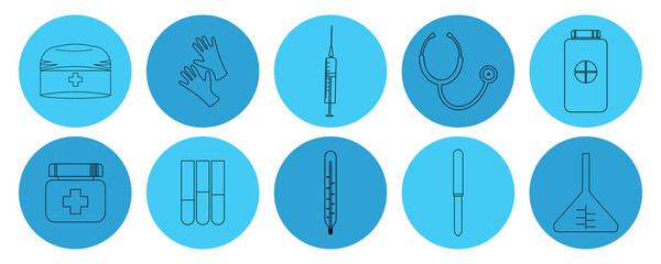 Set of icons of medical instruments. Medical kit. Design element of medical products and services, posters, banners, websites, mobile applications. Vector illustration 