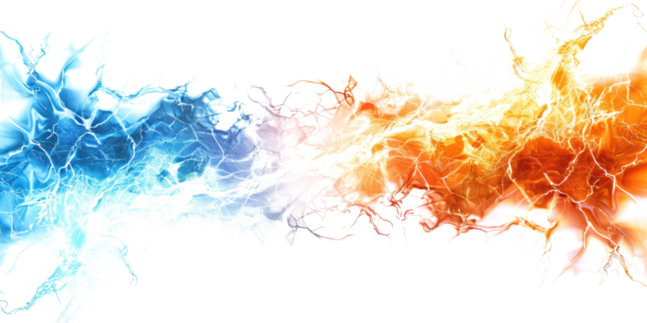 orange blue electric lightning isolated on white or transparent png