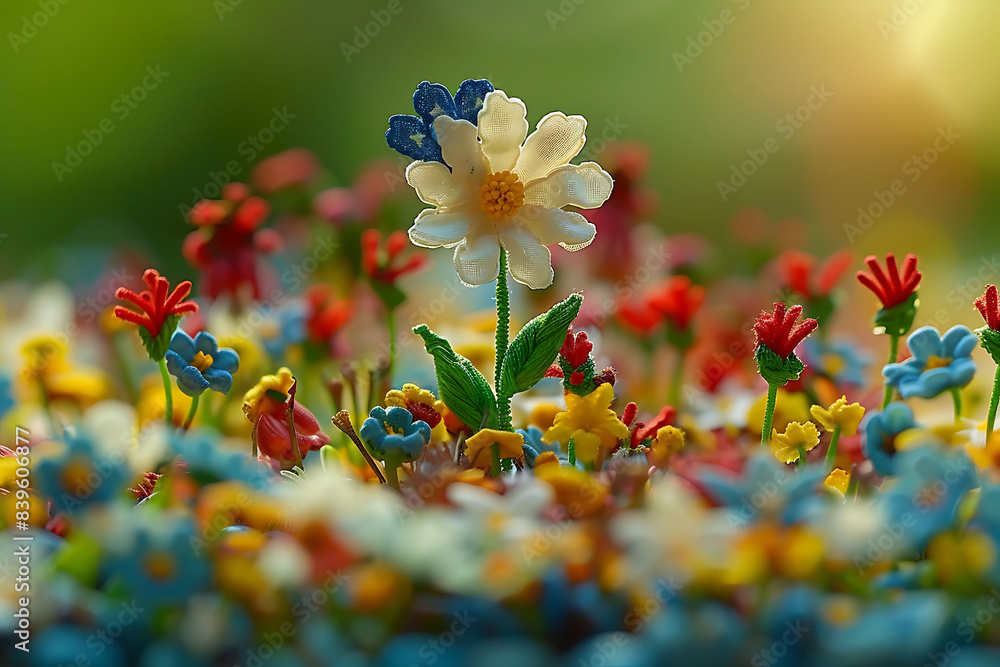 Poster American flag made of flowers at a Memorial Day memorial captured with a tiltshift lens to focus on the details while softly blurring the background creating a serene and respectful scene