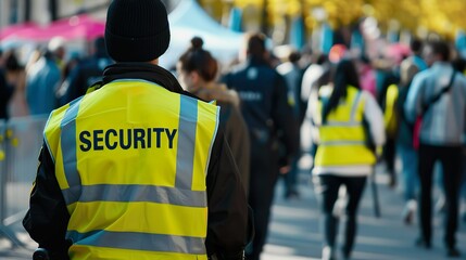 Security guards are wearing a yellow vest made with Ai generative technology, people are fictional