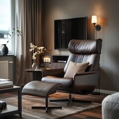 A brown leather chair with a footstool is placed in front of a television