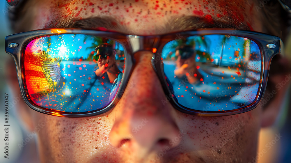 Poster American flag reflected in a veterans sunglasses during a Memorial Day parade captured with a macro lens to emphasize the reflection and detail creating a unique perspective on patriotism