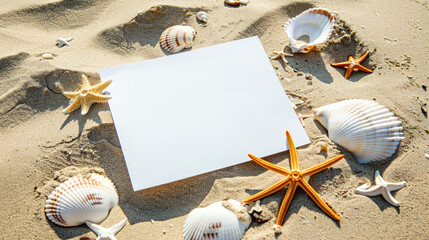 Blank card with seashells on sandy beach