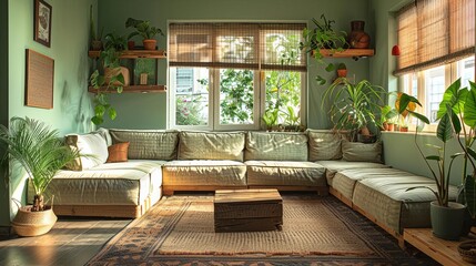 An ecoconscious living room featuring a sectional sofa made from organic materials