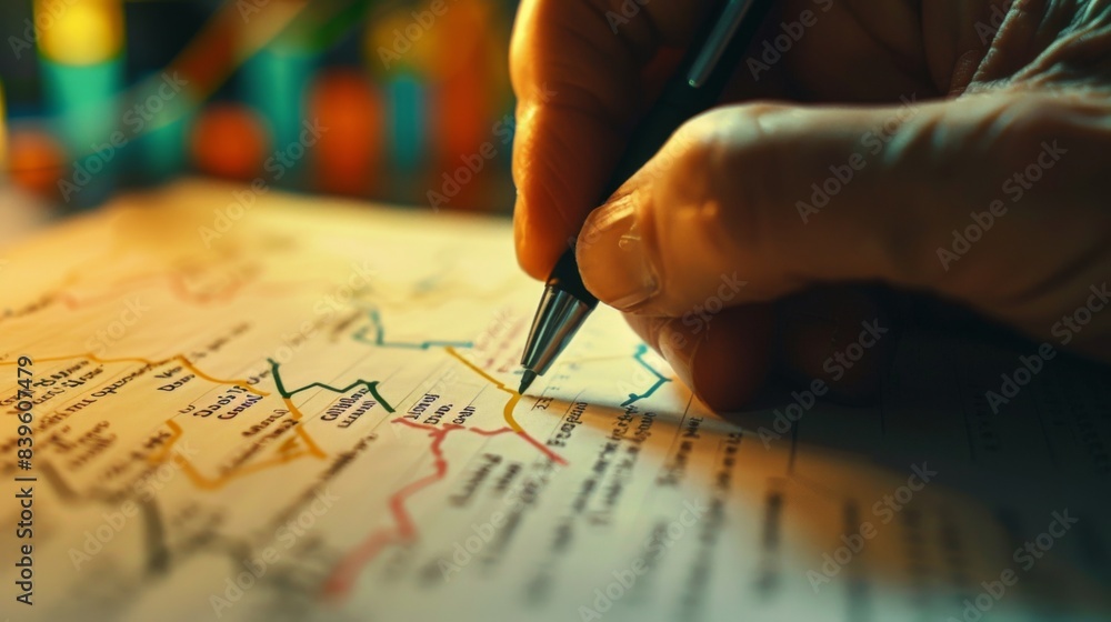 Poster a close-up of a hand drawing trend lines and annotations on a financial graph, depicting analysis an