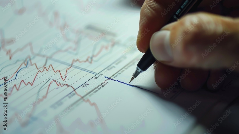Fototapete a close-up of a hand drawing trend lines and annotations on a financial graph, depicting analysis an