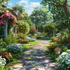 Fototapeta premium A garden path with a stone walkway leading to a house