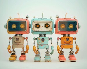 Naklejka premium Three small robots of different colors are standing in a row against a white background