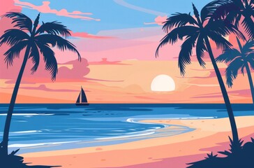 Fototapeta premium A flat illustration of the beach with palm trees and sea