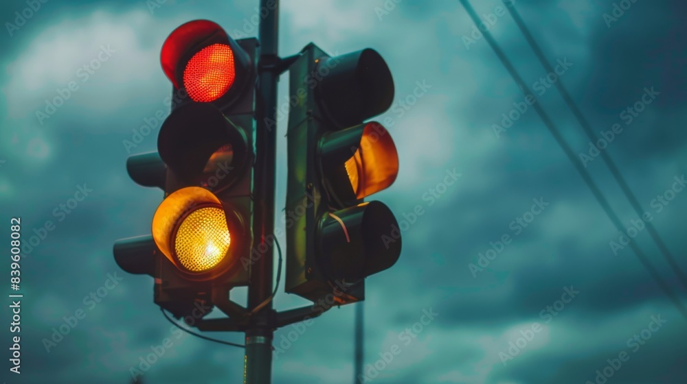 Poster A close-up of a traffic light with an overcast sky in the background, symbolizing the predictability of traffic patterns