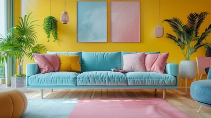 A colorful living room with a blue couch and a pink couch