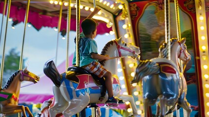 Fototapeta premium A young boy enjoys a ride on a carousel horse at a vibrant carnival, surrounded by colorful lights and festive atmosphere.