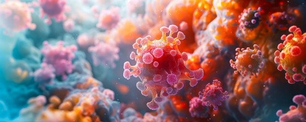 Microscopic View of Virus Particles, Macro Close Up. Colourful Glow, Scary, Mystical. Bacteria Infection, Disease,  Contamination. Biology, Science, Medicine. Cleaner, Washing Detergent, Immune System