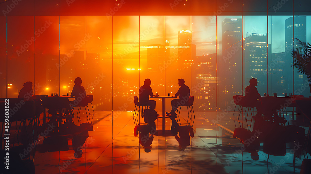 Poster office scene professionals engaged in business strategy discussions captured using highspeed photogr