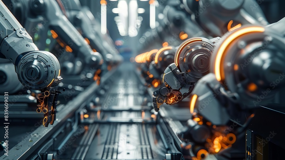 Poster advanced robotic arms working in a hightech factory