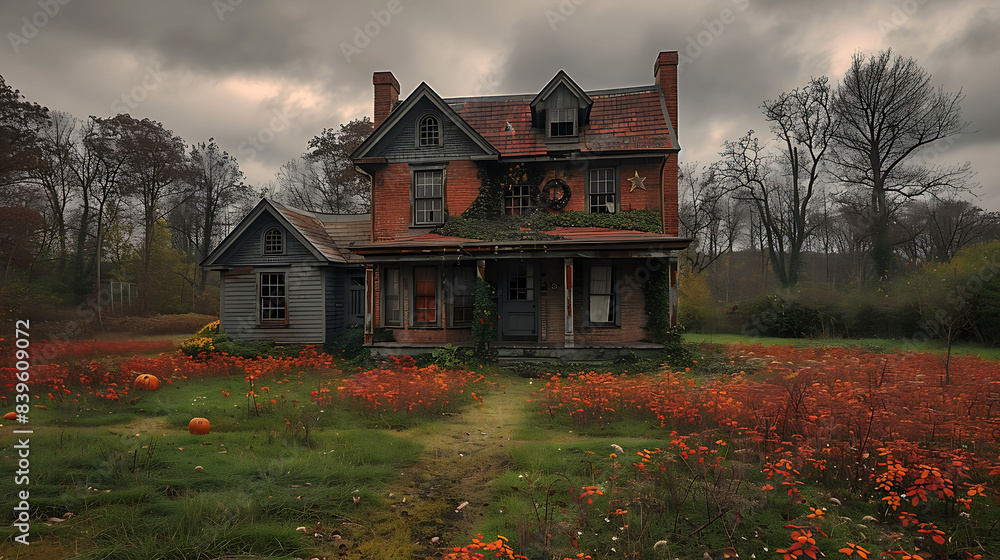 Poster old abandoned house decorated for halloween with broken windows and overgrown weeds captured using h
