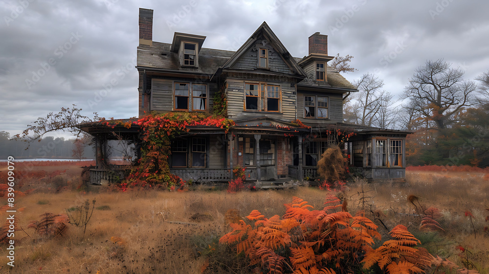 Poster old abandoned house decorated for Halloween with broken windows and overgrown weeds captured using HDR Imaging and Weather Sealing for a dramatic eerie effect