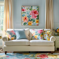 A white couch with floral pillows and a framed painting of flowers on the wall