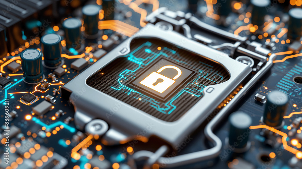 Poster a compute motherboard close-up with integrated security icons, including a lock and login verificati