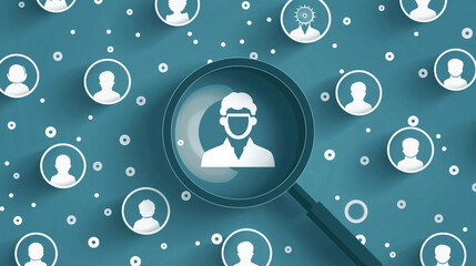 A human icon within a magnifying glass, surrounded by white icons, illustrating the significance of personalized customer relationship management.