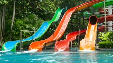 Bright and colorful water slides in a tropical resort's water park, with lush green foliage in the background and clear blue water.