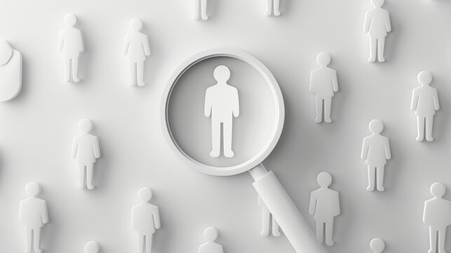 A standout human icon within a magnifier glass, among numerous white icons, depicting the focus on individual customer needs in CRM.