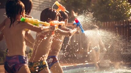 A group of children enjoying a playful water gun fight on a sunny day, splashing water everywhere with brightly colored toy guns.
