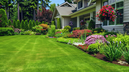 Fototapeta premium A well-maintained property exterior with manicured lawn Generative AI 