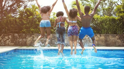 Four friends, diverse in age and ethnicity, joyfully jump into a sparkling swimming pool, celebrating summer in a tropical backyard setting.